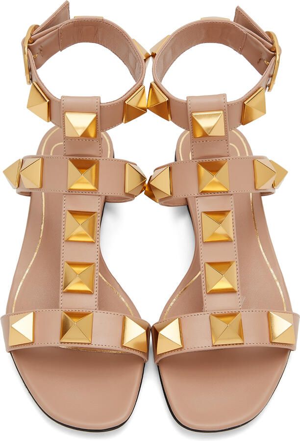 Valentino Garavani Taupe Leather Roman Stud Flat Sandals