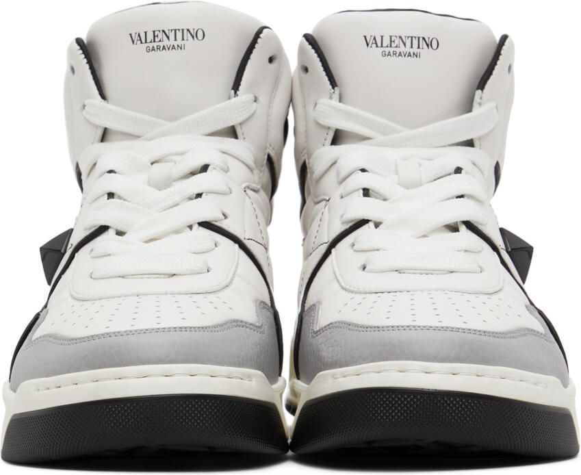 Valentino Garavani White & Grey Nappa One Stud Sneakers - Picture 2