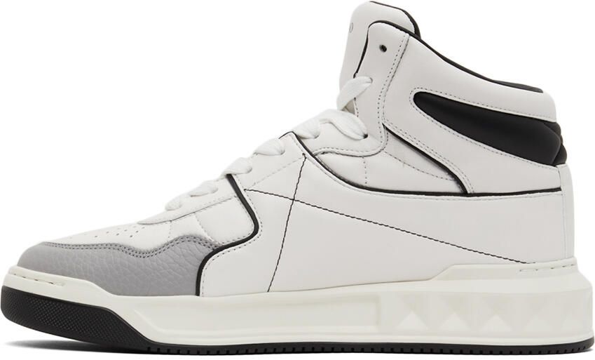 Valentino Garavani White & Grey Nappa One Stud Sneakers - Picture 4