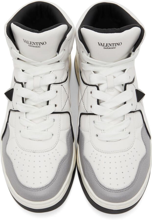 Valentino Garavani White & Grey Nappa One Stud Sneakers - Picture 3