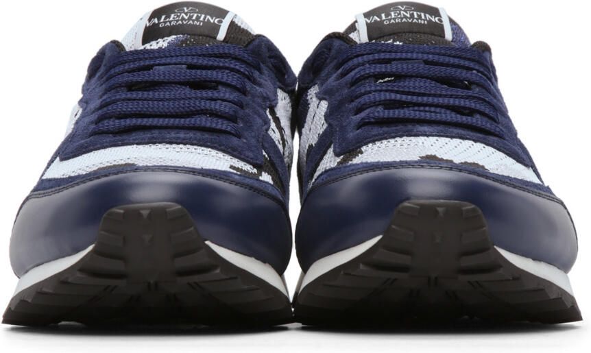 Valentino Garavani White & Navy Mesh Camouflage Rockrunner Sneakers - Picture 3