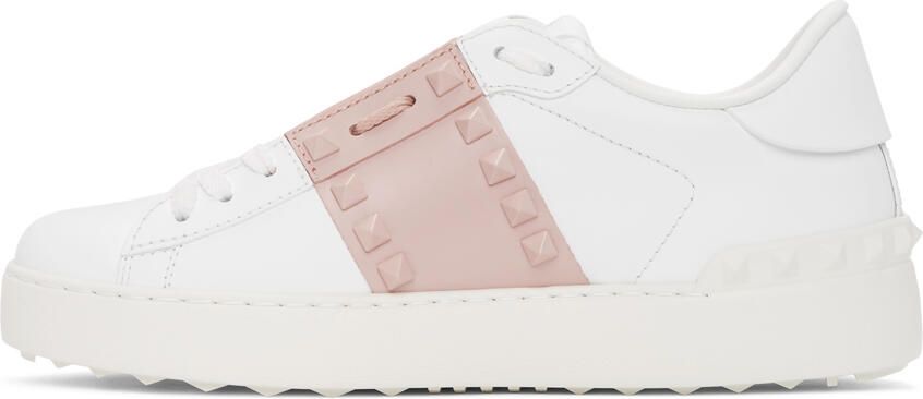 Valentino Garavani White & Pink Rockstud Open Sneakers - Picture 3