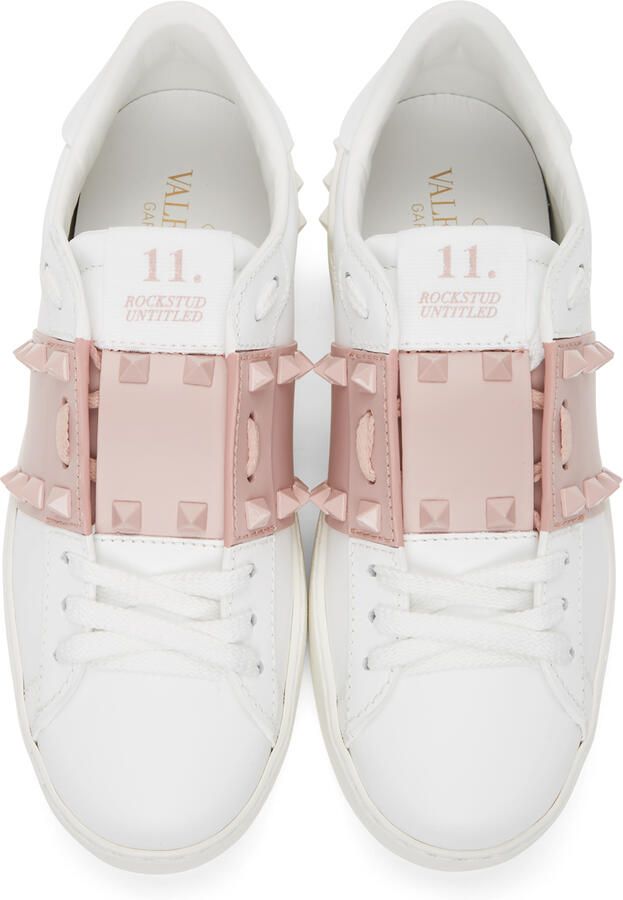 Valentino Garavani White & Pink Rockstud Open Sneakers