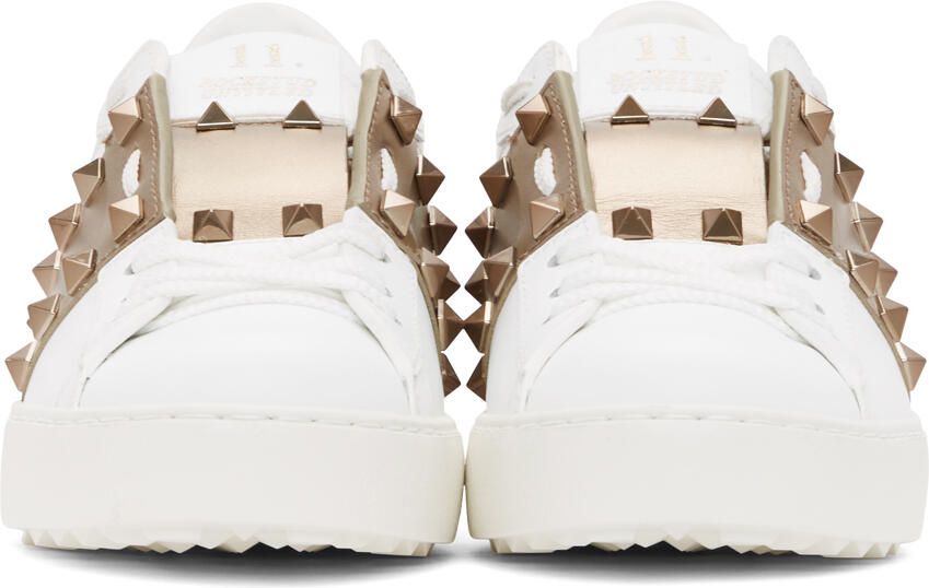 Valentino Garavani White & Bronze Rockstud Open Sneakers - Picture 3