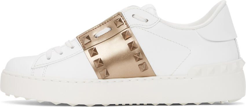 Valentino Garavani White & Bronze Rockstud Open Sneakers - Picture 4