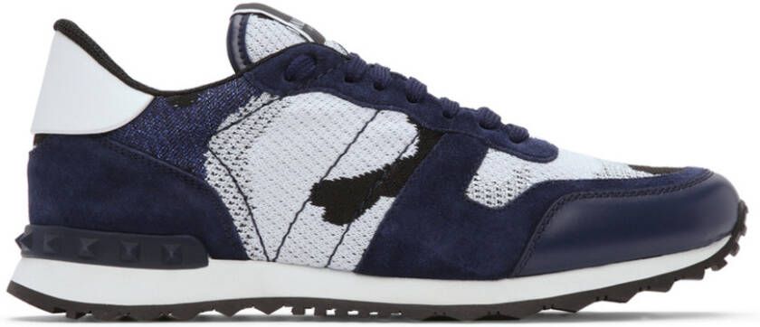 Valentino Garavani White & Navy Mesh Camouflage Rockrunner Sneakers - Picture 5