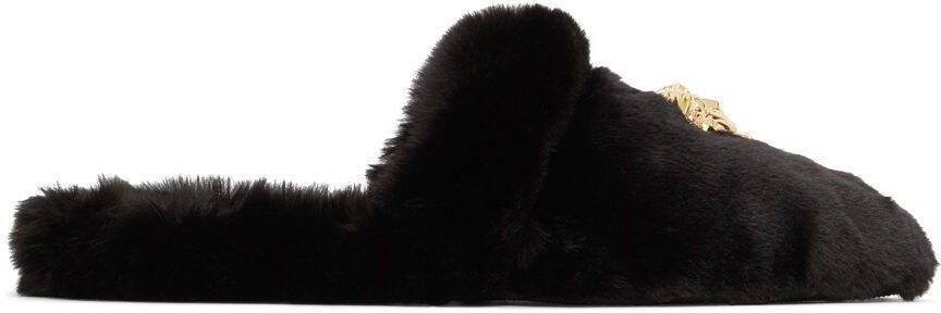 Versace Black Faux-Fur Palazzo Slippers