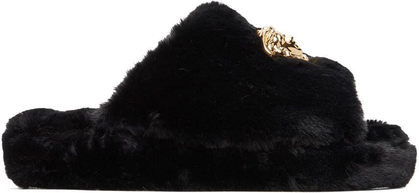 Versace Underwear Black 'La Medusa' House Faux-Fur Slippers