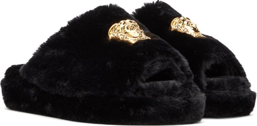 Versace Underwear Black 'La Medusa' House Faux-Fur Slippers - Picture 2