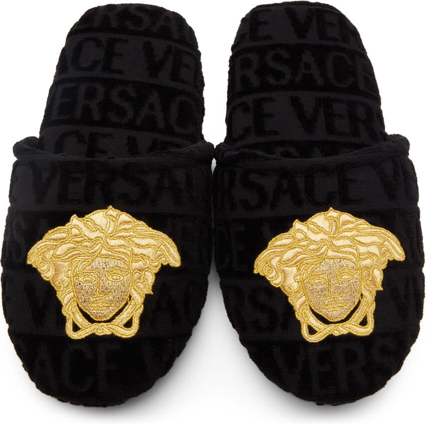 Versace Black & Gold Medusa Head Slippers