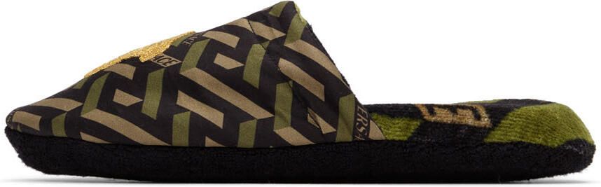 Versace Black & Khaki La Greca Slippers - Picture 4