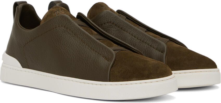 ZEGNA Khaki Triple Stitch Sneakers - Picture 2